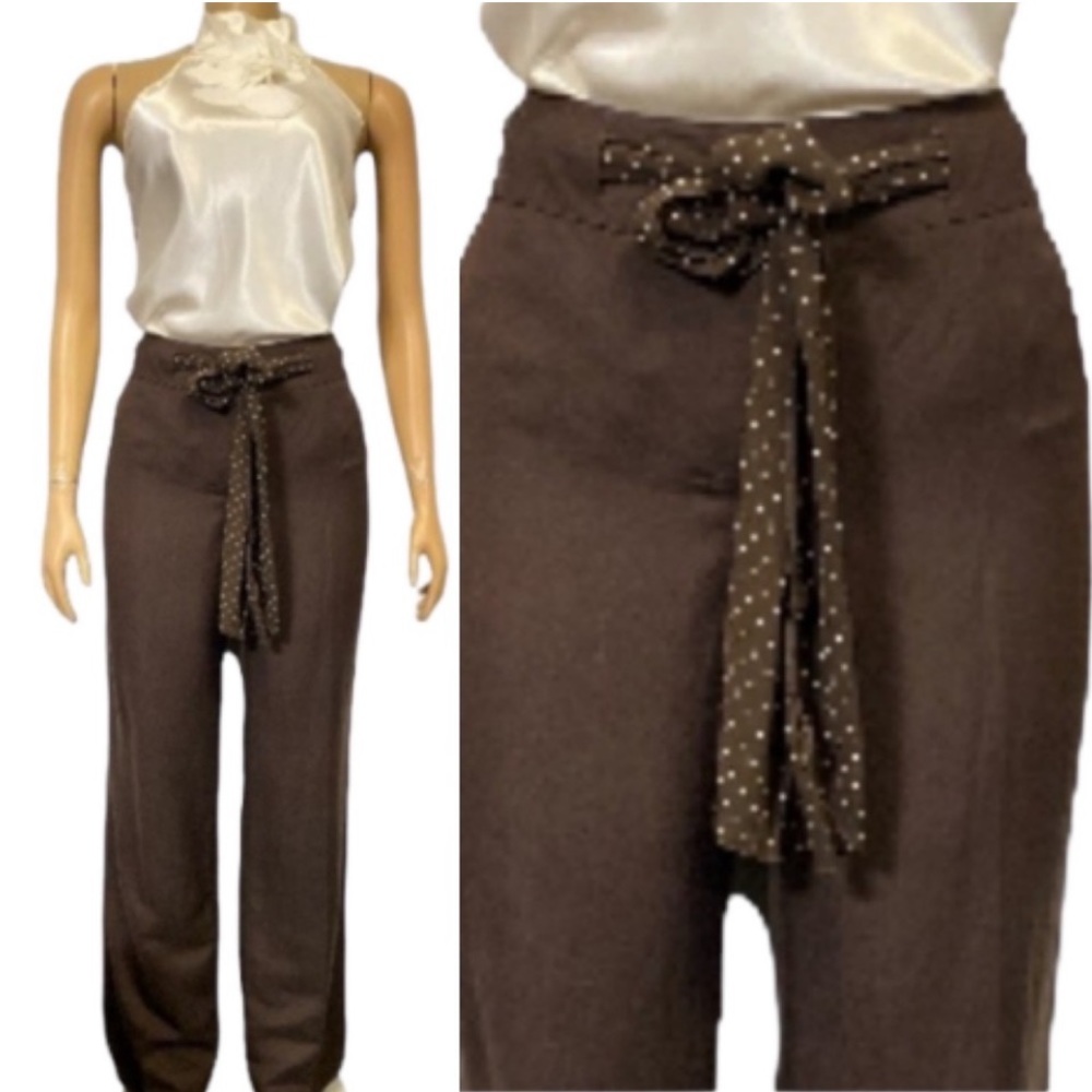 Vintage Evan Picone Pants Linen blend Kalahari Cocoa Brown Polka Dot Belt size 8